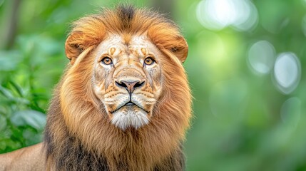 Obraz premium The lion is a majestic and colorful animal found in tropical wildlife regions, with its vibrant golden mane and rich orange coat standing out against the lush green vegetation and bright blue skies.