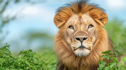 Fototapeta premium The lion is a majestic and colorful animal found in tropical wildlife regions, with its vibrant golden mane and rich orange coat standing out against the lush green vegetation and bright blue skies.