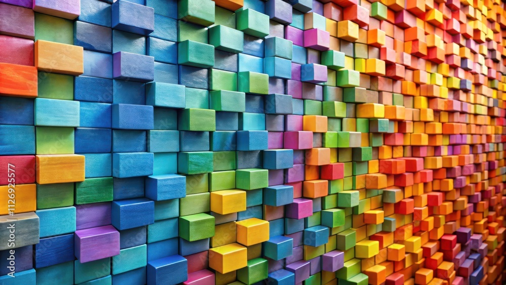 Poster A vibrant and playful wall composed of colorful wooden blocks, stacked in a mesmerizing geometric pattern, creating an illusion of depth and movement.