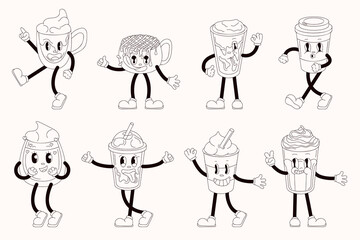 Set of groovy drink character in line art style. Perfect for cartoon retro design, branding, coloring books or playful beverage related design.