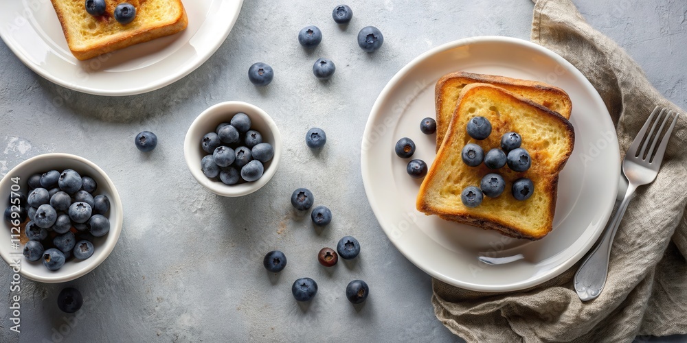 Aufkleber a simple breakfast with toast and blueberries served on white plates and a grey surface