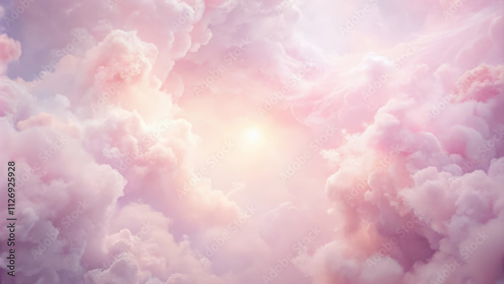 Poster a celestial canvas of soft, pastel pink clouds with a radiant sun shining through, creating a dreamy