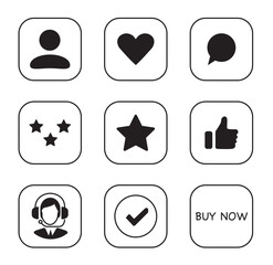 Vector icon set representing social network interactions, including user profiles, reactions, and actions for online engagement. Black icons in black frames on a transparent background.