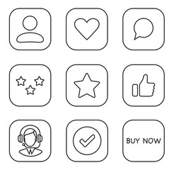 Vector icon set representing social network functionalities with user engagement elements and action prompts for online interactions. Black linear icons in frame on a transparent background.