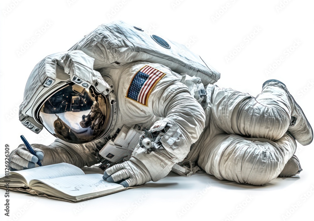 Wall mural an astronaut writing in a notebook while lying on the ground.