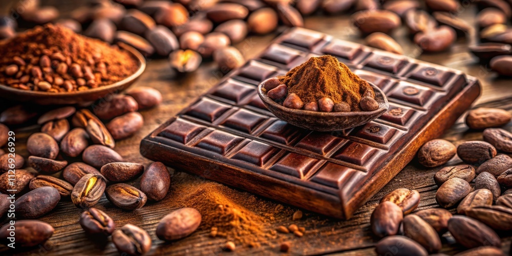 Poster a close-up of dark chocolate bar with cocoa powder and roasted beans on a wooden table