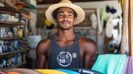 A young man in a surf shop, showcasing surfboards and beach accessories.