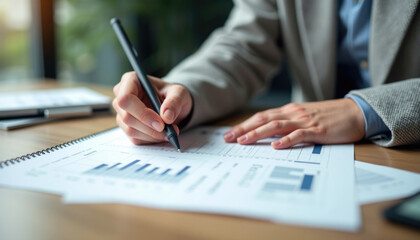 Fototapeta premium A businesswoman analyzes financial data using a pen to mark key points on graphs and charts.