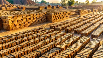 Rows of freshly made bricks drying in the sun, a testament to traditional building techniques