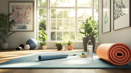 A home exercise setup in a spacious room with a yoga mat, resistance bands, a water bottle, and a motivational poster on the wall, creating a positive self-care environment 