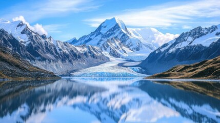 Obraz premium Snowy mountains and a stunning lake in a pristine natural setting.