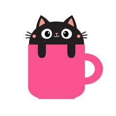 Cat in pink tea coffee cup. Paws hand. Funny black kitten. Cute cartoon funny baby animal pet character. Happy Valentines Day. Love greeting card. Flat design. White background. Vector illustration