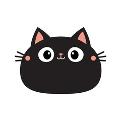 Black cat funny face head silhouette. Smiling kitty kitten. Cute cartoon character. Childish style. Happy Valentines Day. Love Greeting card. Flat design. White background Isolated Vector illustration