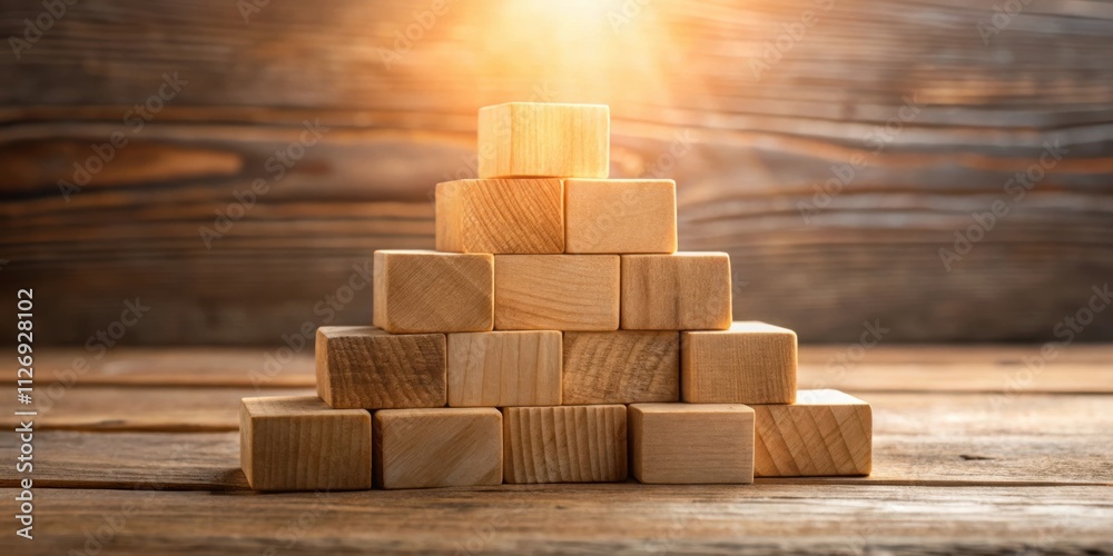 Aufkleber wooden cubes stacked in a pyramid shape on a rustic wooden surface with warm lighting
