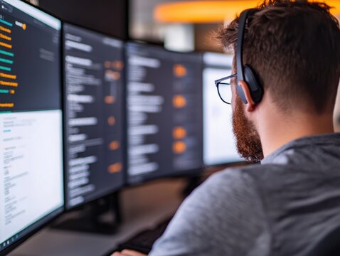 A focused programmer working on coding projects with multiple monitors, wearing headphones in a modern office setup.