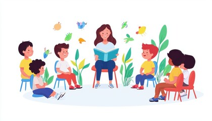 Fototapeta premium Teacher Engaging Children in Story Time While Sitting on a Chair Surrounded by Nature Elements