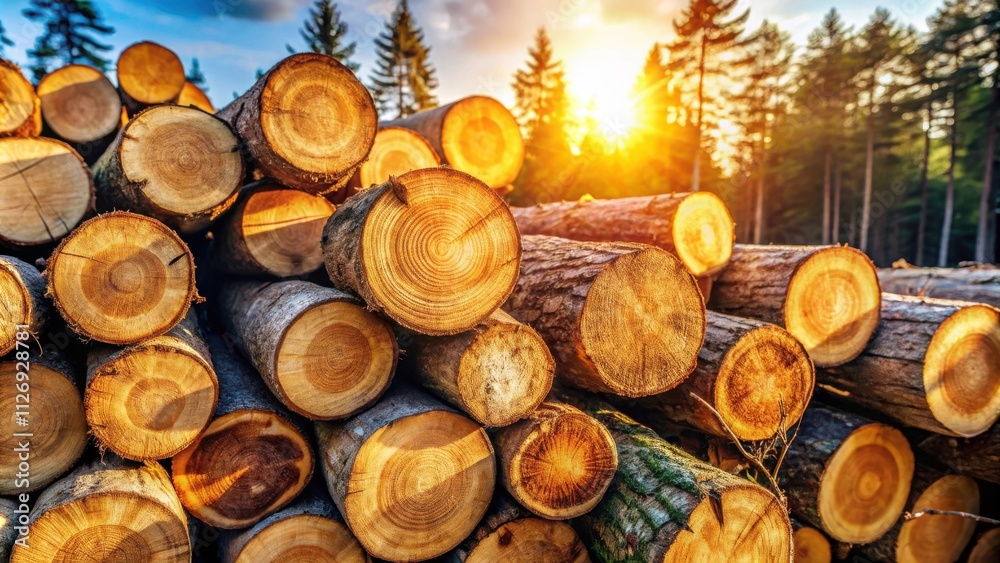 Poster a stack of tree trunks bathed in golden sunlight, showing their beautiful grain patterns and the int