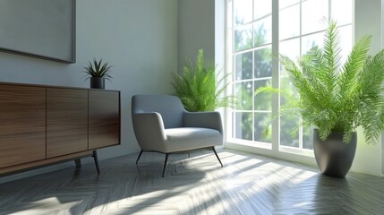 Fototapeta premium A serene living space with a chair, plants, and natural light streaming through large windows.