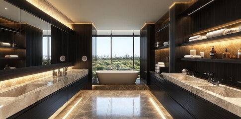Modern bathroom with sleek design, large windows, and luxurious finishes.