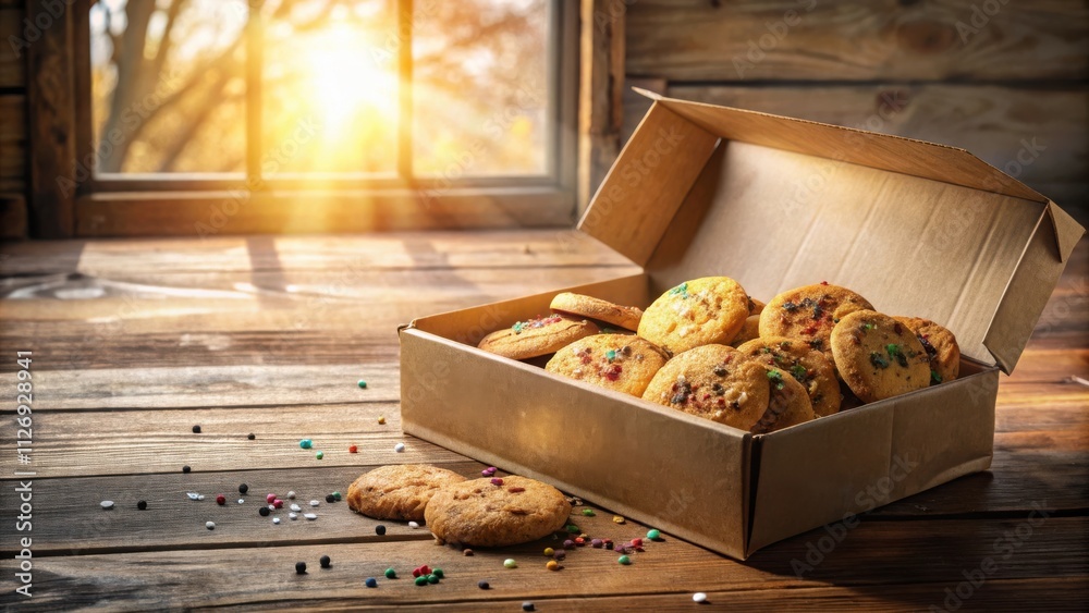 Poster a box of freshly baked cookies with colorful sprinkles sitting on a wooden table near a window with 