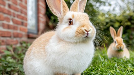 Fototapeta premium A fluffy white rabbit with floppy ears and bright eyes is sitting in front of a quaint, red brick house, with another rabbit visible in the background nibbling on some fresh green grass.