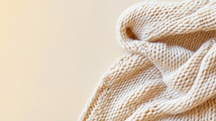 Cozy knitted cream blanket draped on soft background for home decor