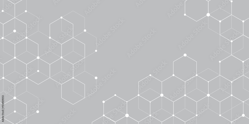 Poster Molecular structure abstract tech background. Geometric grey background. Vector banner design with hexagons. Science network pattern, connecting lines and dots Medical background, Vector illustration	
