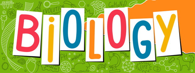 Biology. Hand drawn doodles with lettering. Education, science banner.