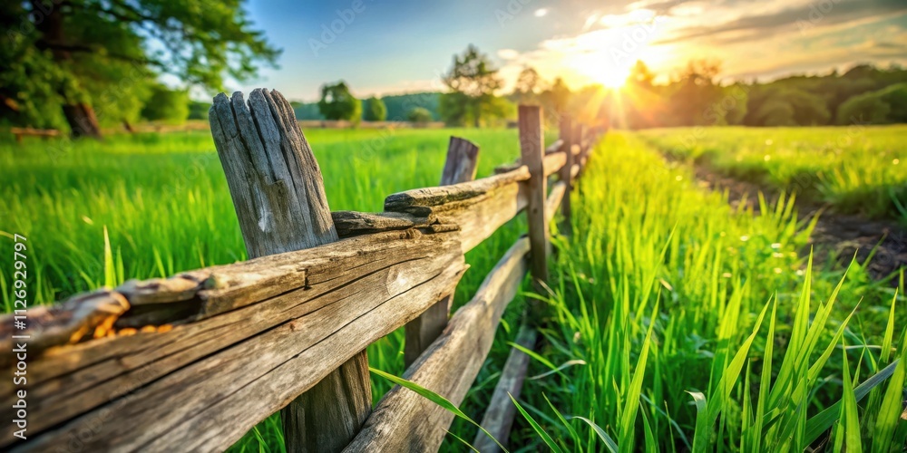 Aufkleber close-up view of a weathered wooden fence post in a lush green field with the sun setting in the dis