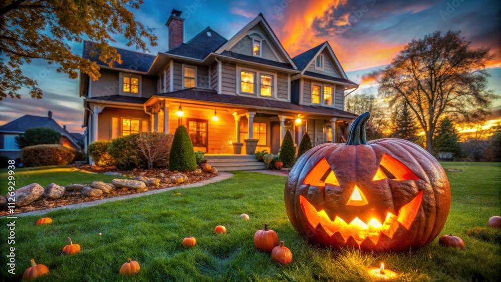 Poster a glowing jack-o-lantern illuminates the front yard of a charming home with warm, inviting lights, c
