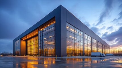 Fototapeta premium Modern industrial building at sunset.