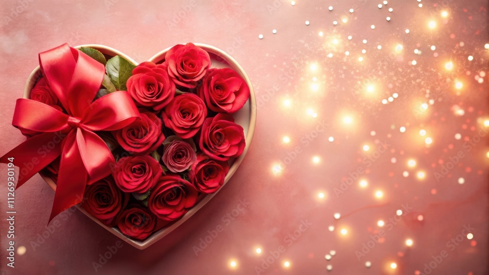 Poster a heart-shaped box filled with vibrant red roses adorned with a delicate red ribbon, surrounded by a