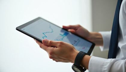 Businessperson analyzing financial data on a tablet  showing a fluctuating graph.