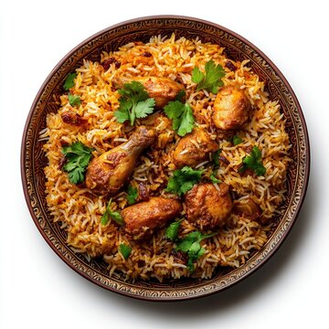 Delicious biryani featuring tender chicken and aromatic spices presented in an elegant display