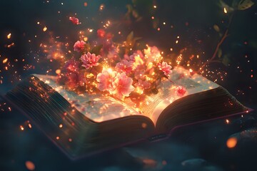 Naklejka premium Magical blooming flowers from an open book.