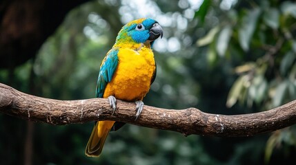 stock photo of brightly colored exotic bird perched on tree branch in tropical forest