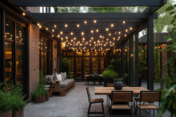 Fototapeta premium Rustic outdoor patio with string lights, wooden furniture, and Southern greenery for a cozy, modern evening setup