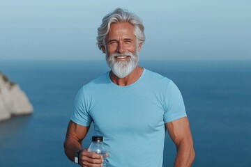 Senior man enjoys a joyful moment during outdoor workout at coastal path with ocean view