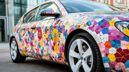Colorful Mosaic Car Art Installation Showcasing Vibrant Floral Patterns and Unique Design Elements in an Urban Environment