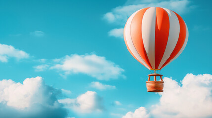 Naklejka premium A vibrant hot air balloon floats peacefully against a clear blue sky, surrounded by fluffy white clouds, embodying freedom and adventure.