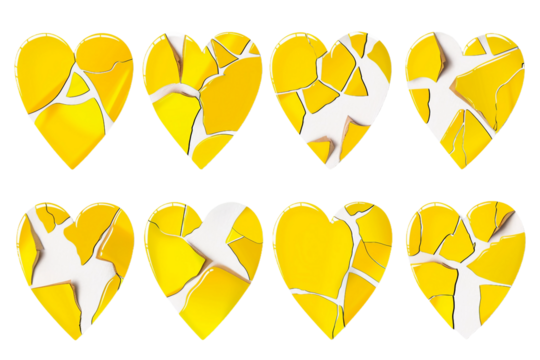 Collection of Yellow Broken Heart Shape Stickers Isolated on Transparent Background