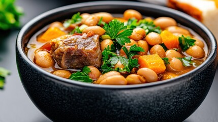 Fototapeta premium Garbure is a hearty stew made with a variety of meats, vegetables, and beans, typically cooked slowly to develop rich flavors and a thick, satisfying texture.
