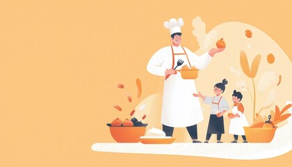 Joyful chef in apron sharing cooking moments with children in a vibrant kitchen setting