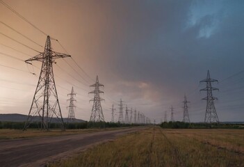 There exists a large field filled with numerous power lines and tall silos