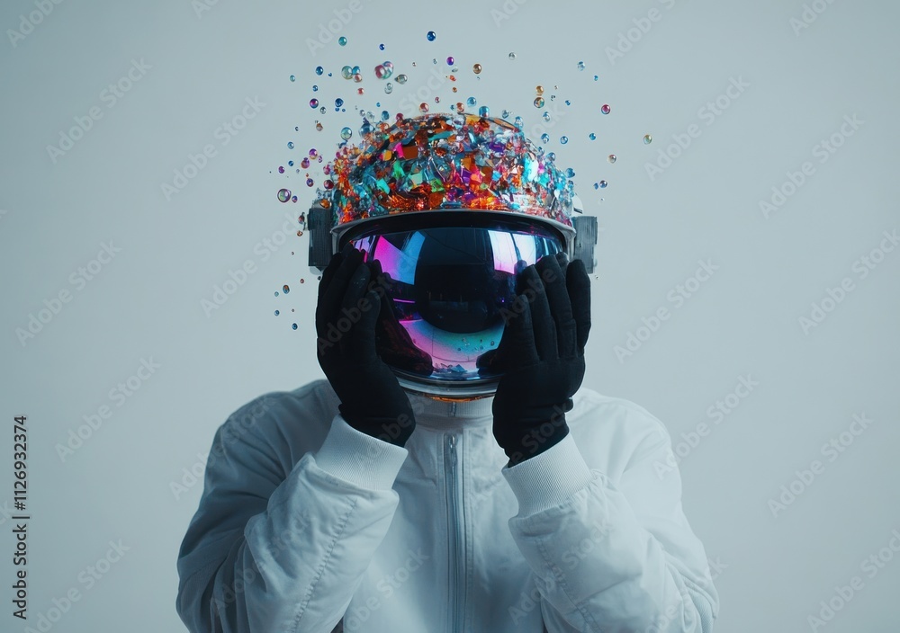 Canvas Prints an astronaut figure holds a helmet with colorful confetti-like elements, symbolizing creativity.