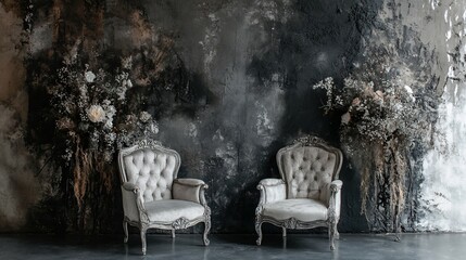 Elegant Antique Chairs Floral Arrangements Dark Wall
