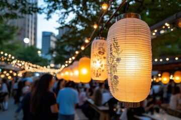 Fototapeta premium Colorful lanterns hang above a lively street market at night, creating a festive atmosphere filled with people enjoying the vibrant surroundings and warm lights.