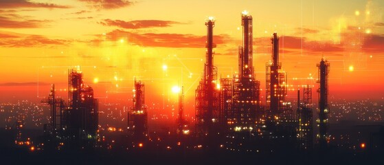 Fototapeta premium Industrial skyline at sunset with glowing structures and lights.