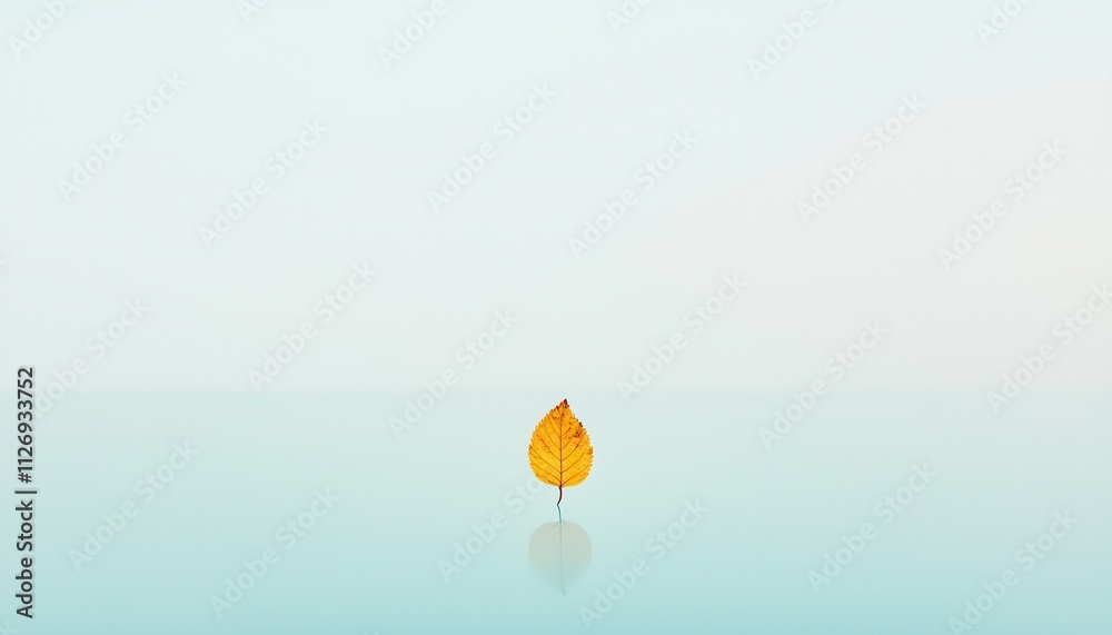 Poster minimalist composition of a single leaf floating in a calm environment with subtle reflections for s