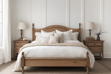 Minimalist Southern master bedroom with crisp linens, antique bedside tables, and a warm, neutral palette